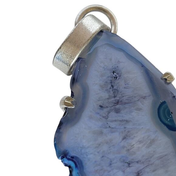 Blue Agate Slice Pendant – Sterling Silver Handmade 3" Crystal Necklace - Picture 4 of 12